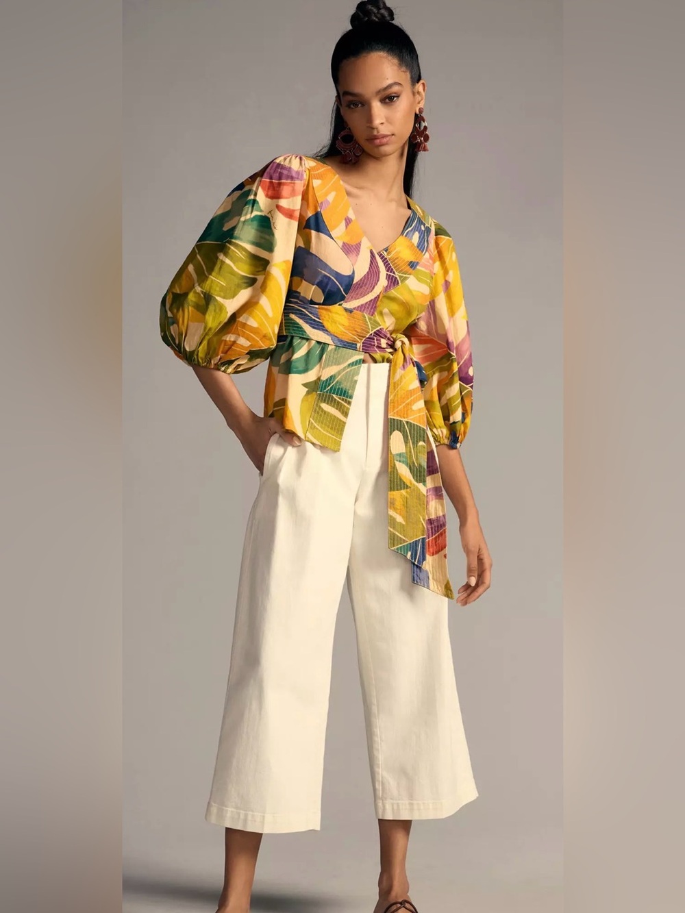 Anthropologie x Farm Rio Floral Tie-Front Wrap Top in Multicolor Size S